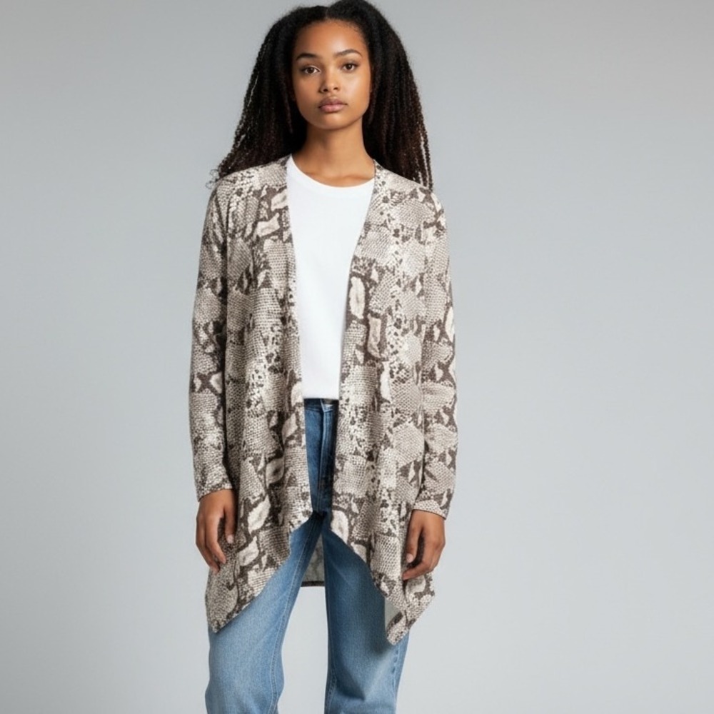 Alberto Makali Snakeskin Faux Suede Draped Open Front Cardigan‎ Duster Medium
